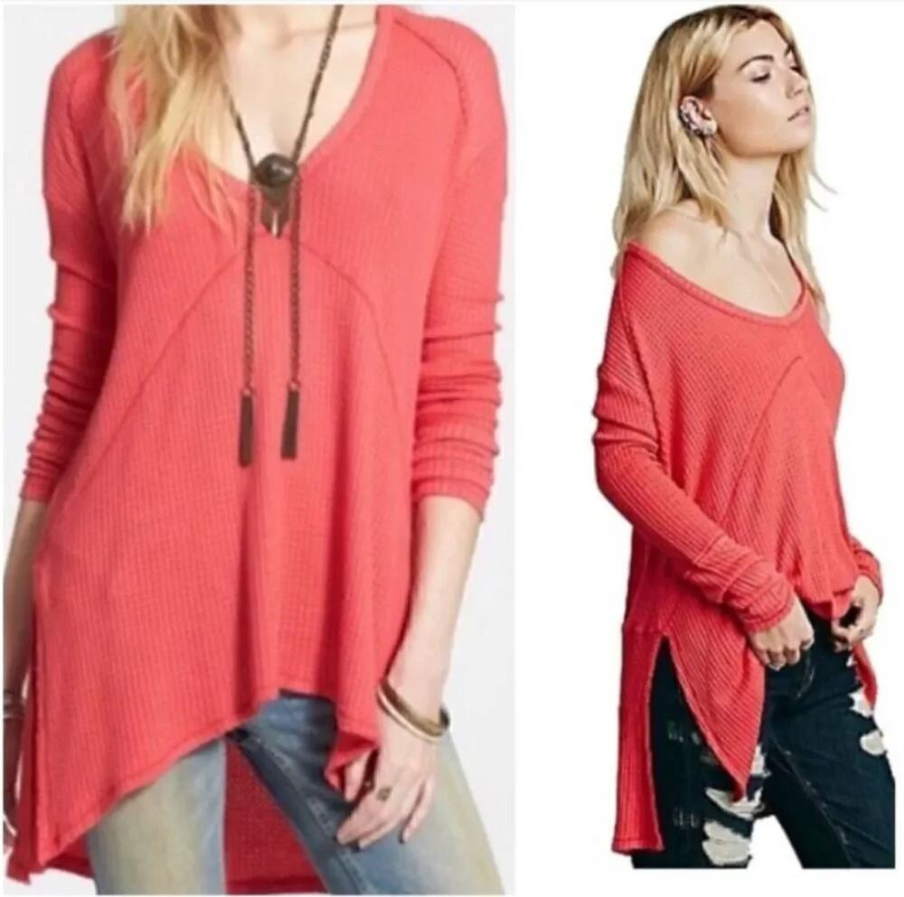 Free People Ventura Thermal Top S Coral Poppy Waffle Knit High Low Boho Tunic